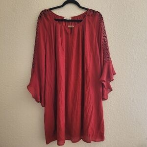 Indigo Rose NWT 2X Boho Wine Red Mid Length Lace Flare Sleeve Dress